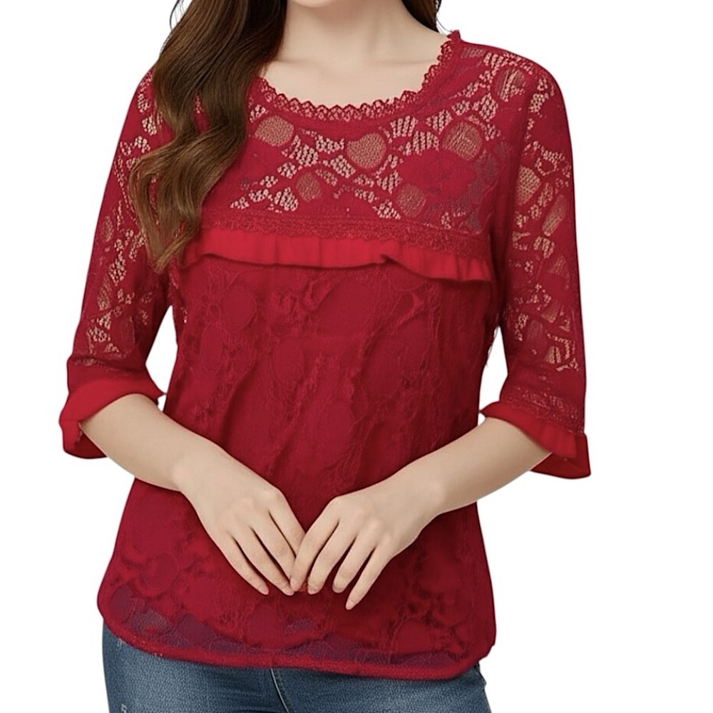 Available by Angela Floral Lace Mesh Ruffle Trim Top Medium Red Preppy Feminine